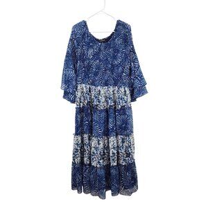 The Pyramid Collection Women's Blue White Smocked Long Sleeve Tiered Dress Sz L